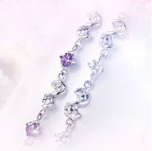 Fashion Women 925 Sterling Silver Purple Crystal Love Chain Bracelet Bangle-3