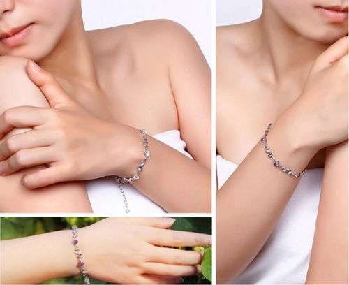 Fashion Women 925 Sterling Silver Purple Crystal Love Chain Bracelet Bangle-4
