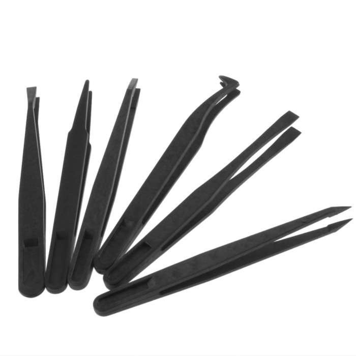 6pcs Black Anti-static Plastic Tweezers Heat Resistant Repair Tool Makeup