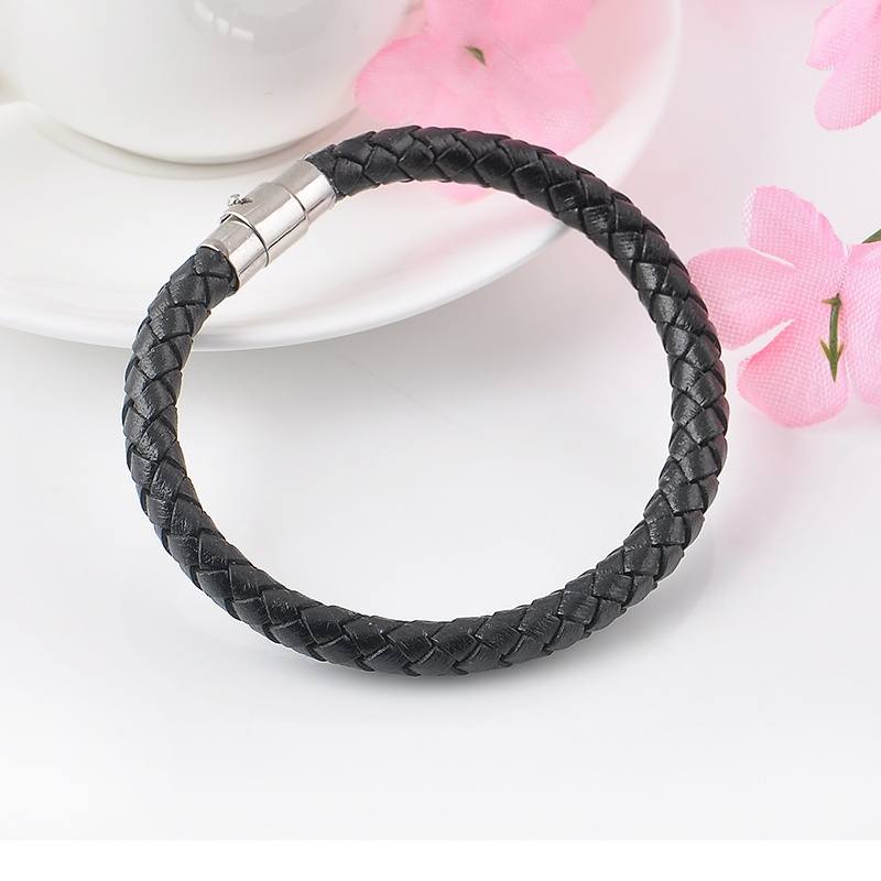 Unisex Men's Genuine Braided Leather Rope Magnet Buckle Bracelet-2
