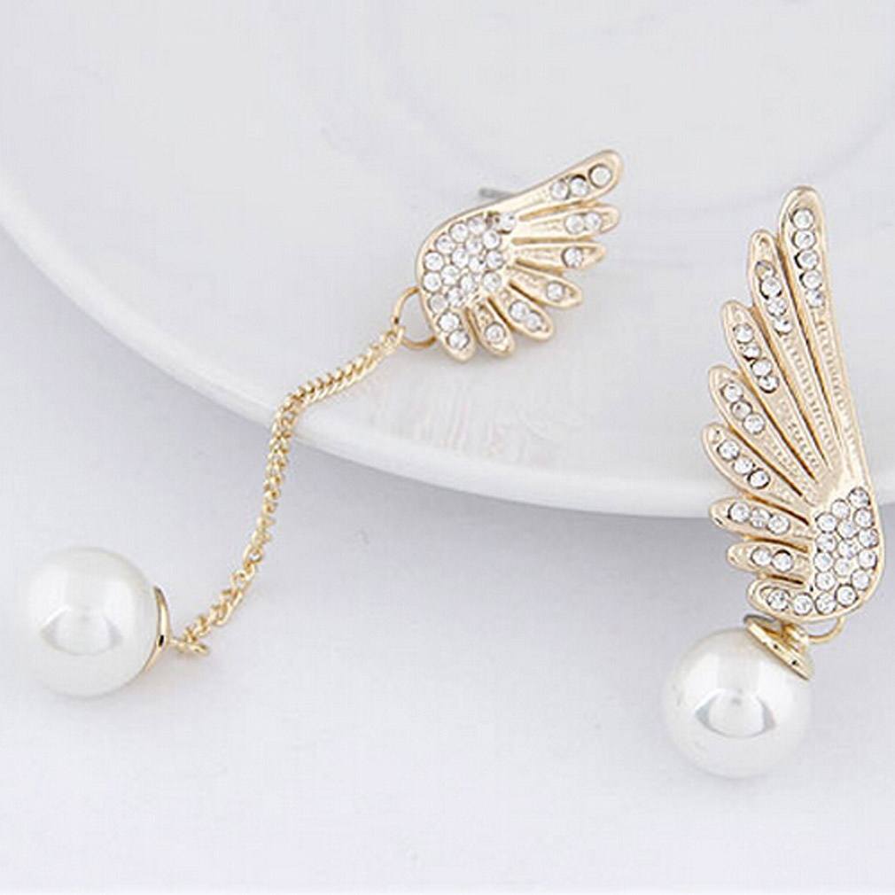 Elegant Asymmetric Angel Wings Pearl Crystal Lady Wedding Dangle Earrings-1