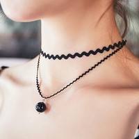 FNK8-New Stylish Double Layer Lace Pearl Pendant Choker Necklace