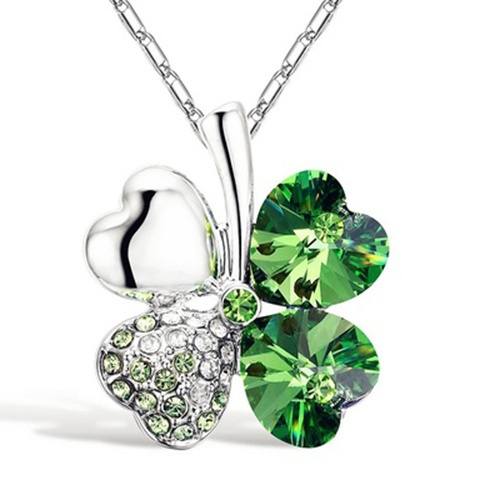 New Elegant key diamond sweater necklace Green Crystal Leaf Lucky Rhinestone Four Leaf Clover Pendant Necklace Clover Jewelry
