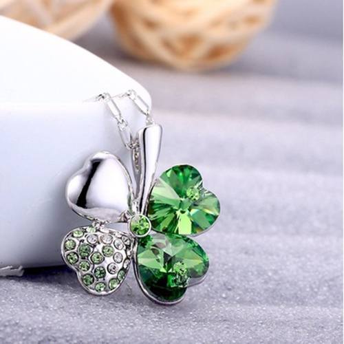 New Elegant key diamond sweater necklace Green Crystal Leaf Lucky Rhinestone Four Leaf Clover Pendant Necklace Clover Jewelry-2