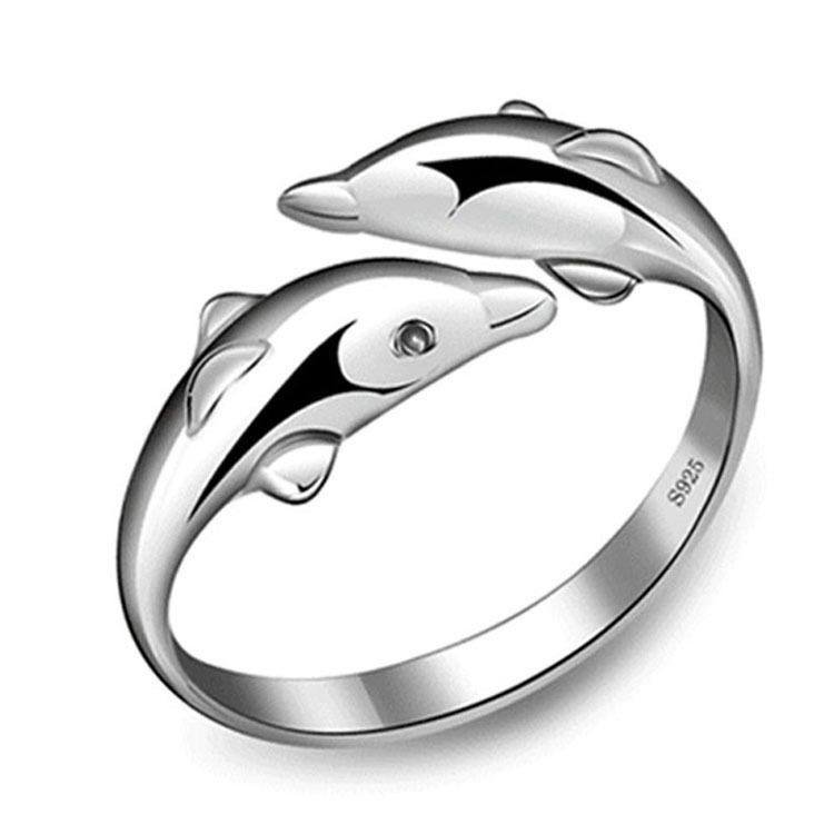 925 Silver Plated Double Dolphin Opening Adjustable Rings Gift