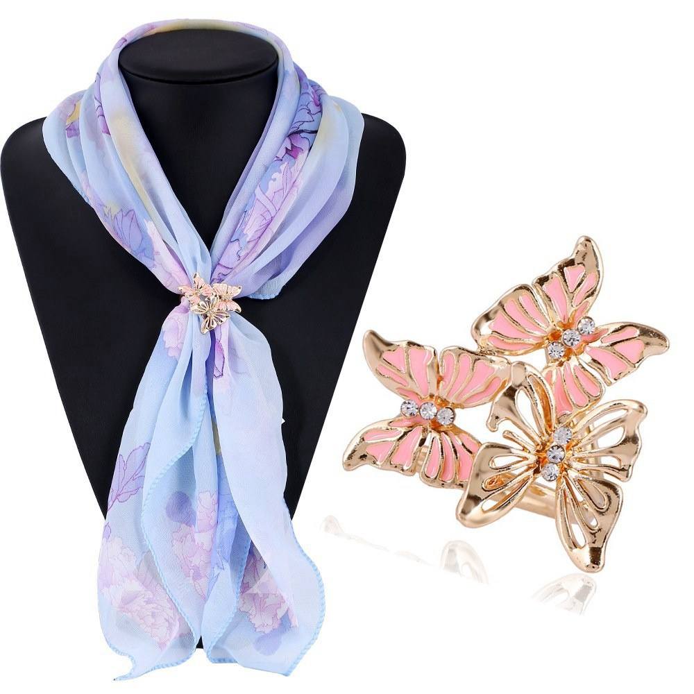 Elegant 3 Colors Gold Tone Cutout Butterfly Three Loop Scarves Clip Scarf Buckle Brooch