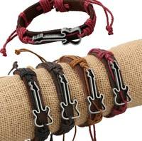 FgAu-Vintage Retro Guitar Bracelet Women Men Handmade Braid Leather Chain Bangle