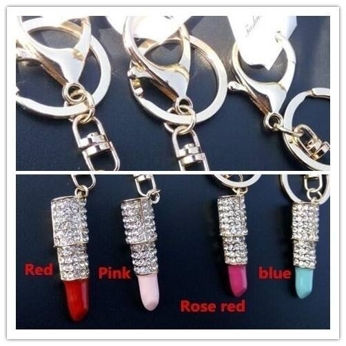 Crystal Rhinestone Lipstick Keyring Charm Pendant Bag Purse Car Key Chain-1