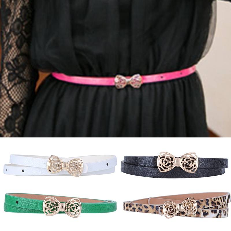 Women's Lady PU Leather Skinny Thin Narrow Bowknot Waist Belt Waistband Strap