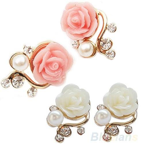Style Pink Rose Flower Shiny Crystal Rhinestone Pearl Stud Earrings