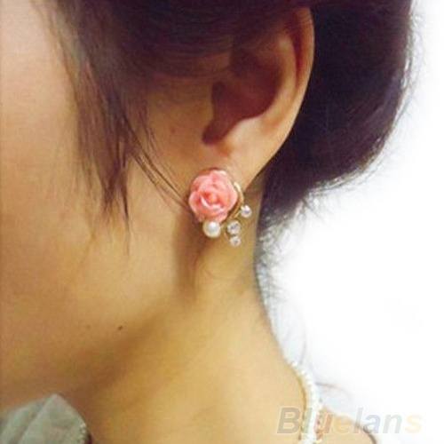 Style Pink Rose Flower Shiny Crystal Rhinestone Pearl Stud Earrings-2