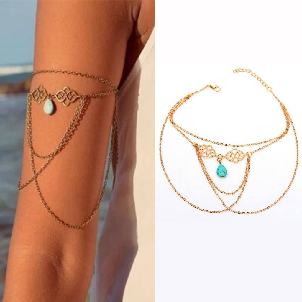 Punk Charm Upper Silver Leaf Armlet Body Jewelry Arm Chain Bracelet Turquoise Bead