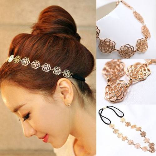 1PC Metal Chain Jewelry Hollow Rose Flower Elastic Hair Band Headband-1