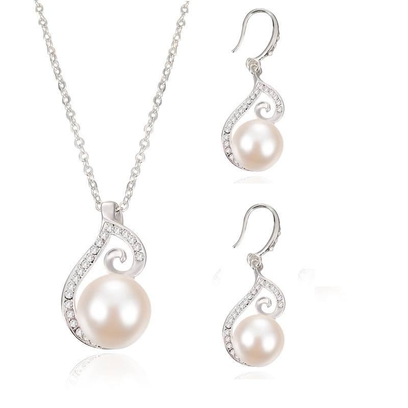 Set White Gold Filled Cubic Zircon CZ Pendant Pearl Necklace Earrings Jewelry