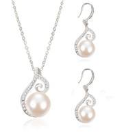 J5kS-Set White Gold Filled Cubic Zircon CZ Pendant Pearl Necklace Earrings Jewelry