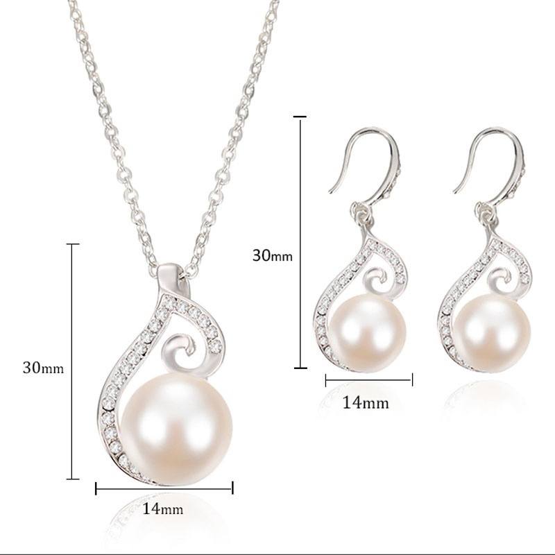 Set White Gold Filled Cubic Zircon CZ Pendant Pearl Necklace Earrings Jewelry-2