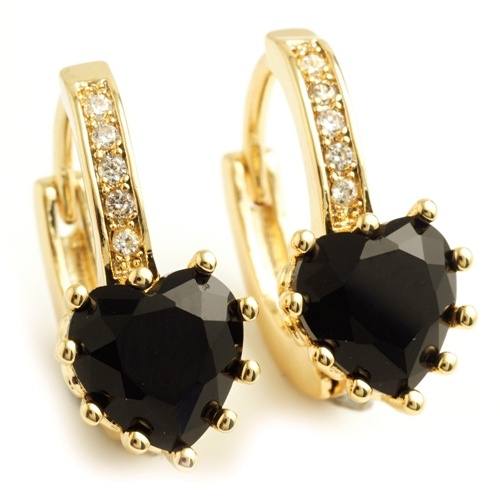 Wonderful Gift Yellow Gold Plated Hoop Earrings With Black Heart Cubic Zircon