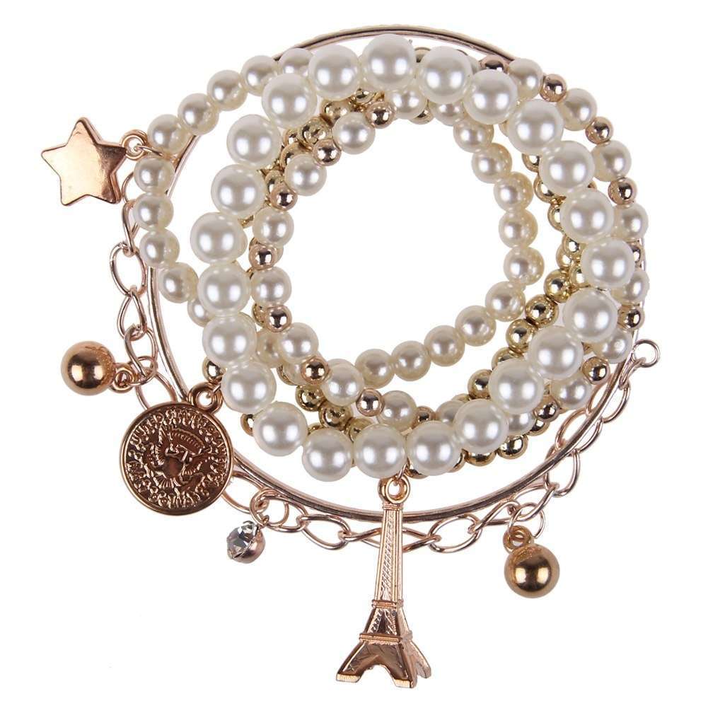 Unique Metal Jewelry Bangle Bracelets Multilayer Pearl Chain Pendant Eiffel Tower Bell-10