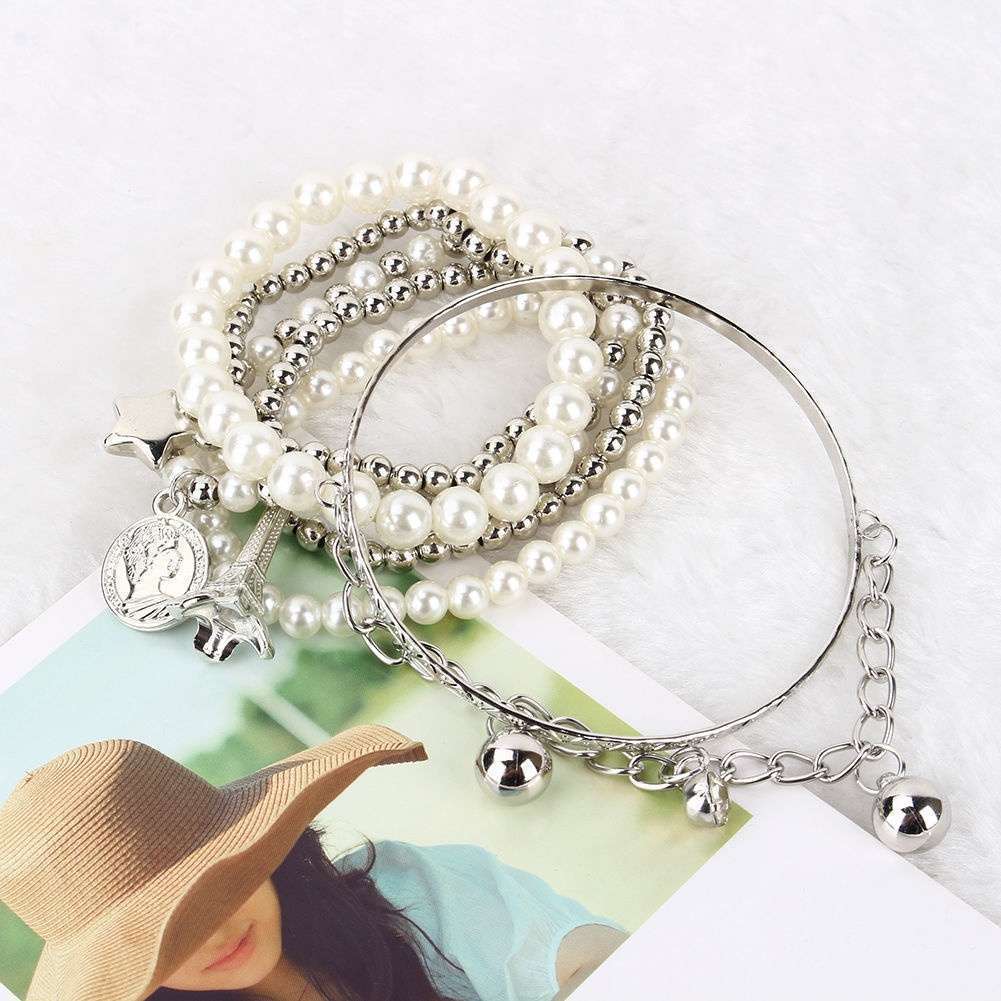 Unique Metal Jewelry Bangle Bracelets Multilayer Pearl Chain Pendant Eiffel Tower Bell-3
