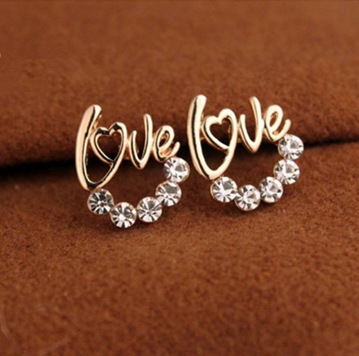 Diamond LOVE Alphabet Earrings Heart shaped
