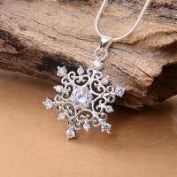 JTva-925 Sterling Silver Snowflake Pendant Snake Chain Necklace