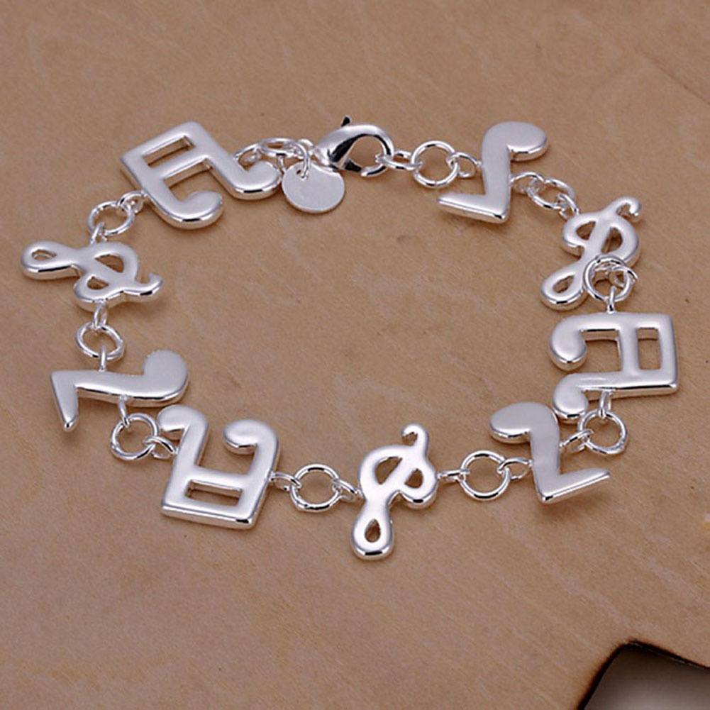 New Women 925 Sterling Silver Plated Charm Cute Music Note Chain Bracelet Bangle
