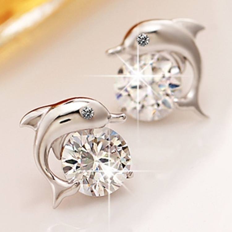 Crystal Eye Dolphin Stud Earrings Women 925 Sterling Silver Jewelry