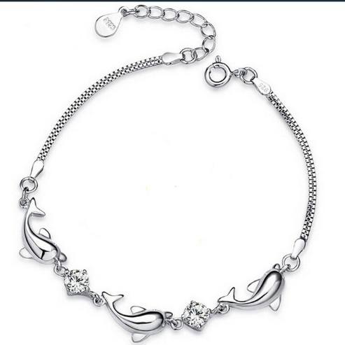 Sterling Silver Dolphin Crystal Diamond Bracelet Chain Bangle Jewelry-1