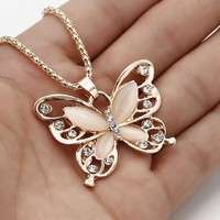 JnC0-Women Lady Rose Gold Opal Butterfly Pendant Necklace Sweater Chain