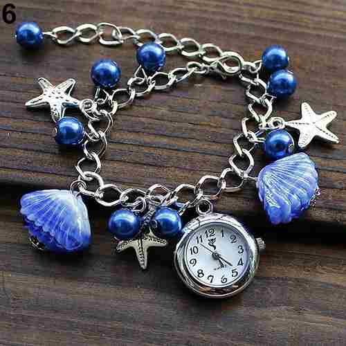 Beauteous Women's Girl's Jewelry Beads Shell Chain Bracelet Cuff Quartz Wrist Watch