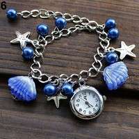 Jrxn-Beauteous Women's Girl's Jewelry Beads Shell Chain Bracelet Cuff Quartz Wrist Watch