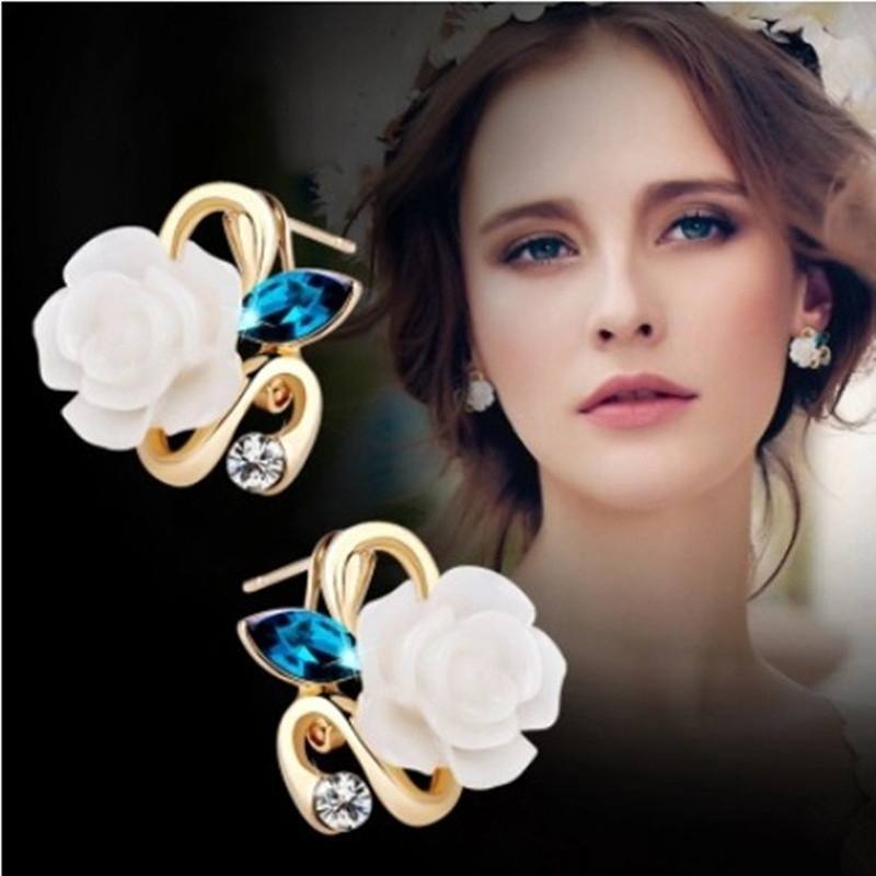Rhinestone White Ceramic Flower Ear Cuff Earrings Stud Earrings For Women