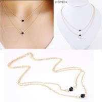 JyFH-Women Geometry Charms Black Beads 2 Layers Gold Chain Fashion Necklace