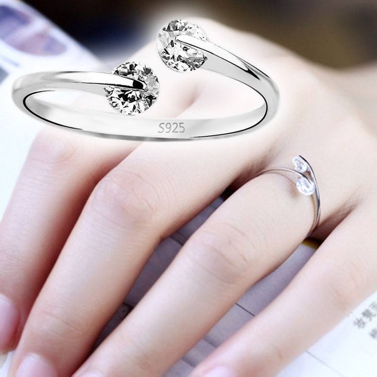 Elegant Opening Silver 2 Rhinestone S925 sliver Crystal Wedding Ring