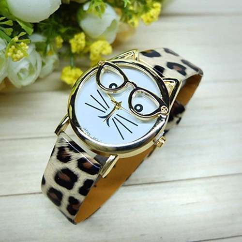 Women Men's fashion Cute Glasses Cat Case Leather Strap Bracelet Analog Quartz Casual Cool Wrist Watch-16