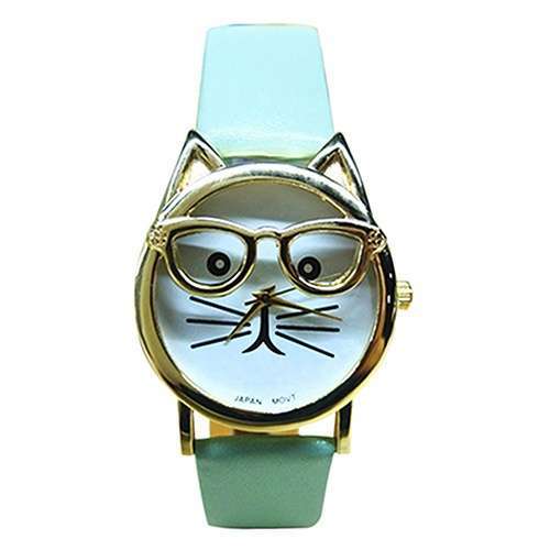 Women Men's fashion Cute Glasses Cat Case Leather Strap Bracelet Analog Quartz Casual Cool Wrist Watch-7
