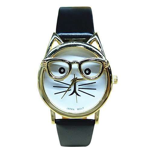 Women Men's fashion Cute Glasses Cat Case Leather Strap Bracelet Analog Quartz Casual Cool Wrist Watch-8