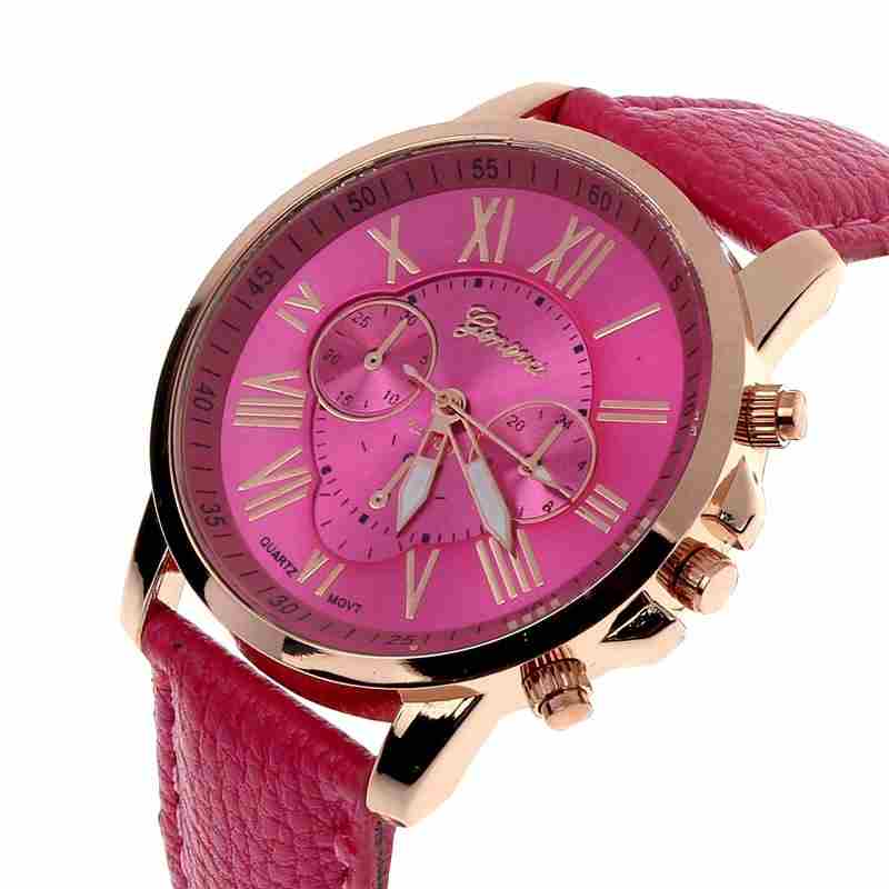 Fashion Geneva Roman Numerals Faux Leather Analog Quartz Women Wrist Watch-1