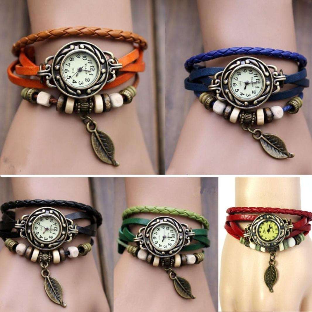 Women Bracelet Vintage Weave Wrap Quartz Leather Leaf Beads Wrist Watches