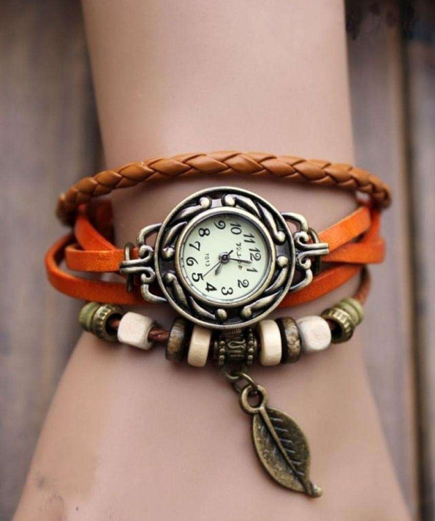 Women Bracelet Vintage Weave Wrap Quartz Leather Leaf Beads Wrist Watches-3