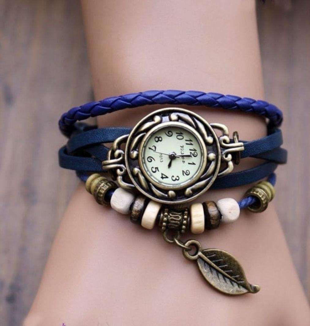 Women Bracelet Vintage Weave Wrap Quartz Leather Leaf Beads Wrist Watches-7
