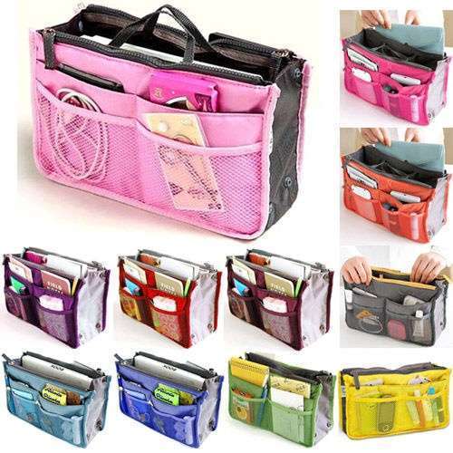 Dual Zipper Portable Multi-function Nylon Bag In Bag Handbag Cosmetic Storage Bag Organizer Travel Bag Pouch