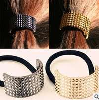 hAl7-Hot Fashion Punk Rivet Hair Rope Personalized Gold Black Plated Semicircle Metal Elastic Hair Band