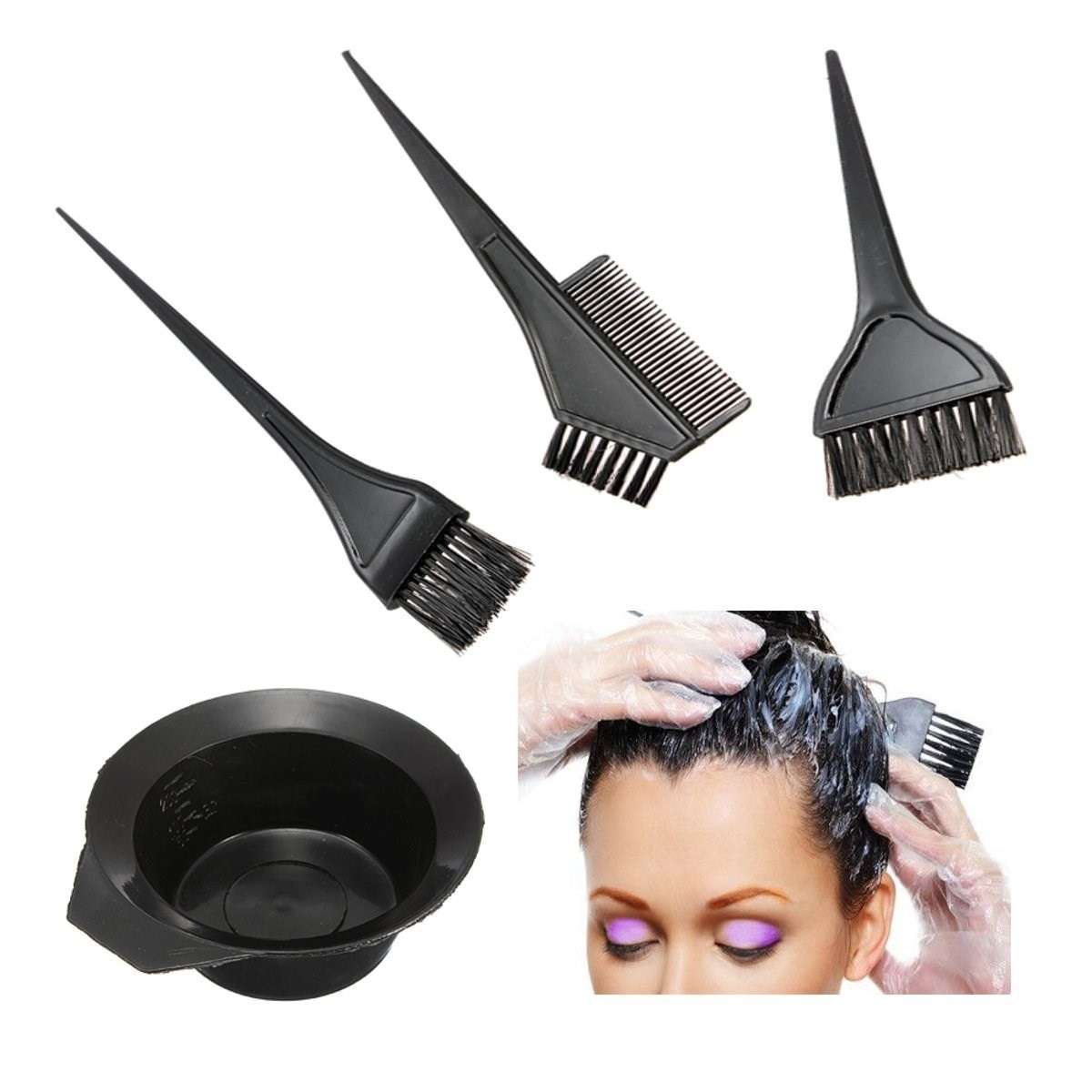 4pcs 1 Set Black Plastic Hair Dye Coloring Brush Comb Mixing Bowl Barber Salon Tint Hairdressing Styling Tools