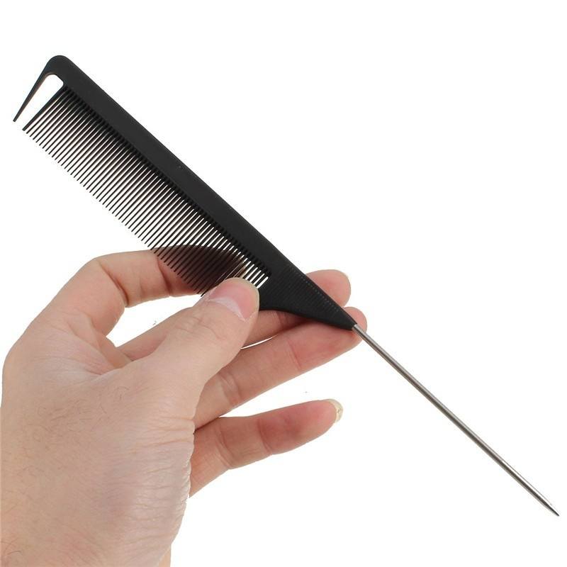 Black Fine-tooth Metal Pin Anti-static Hair Style Rat Tail Comb-1