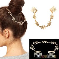 hnmR-Fashion Unique Gold Tone Leaves Chain Fringe Hair Comb Cuff Head Band