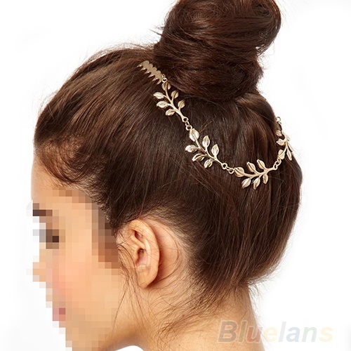 Fashion Unique Gold Tone Leaves Chain Fringe Hair Comb Cuff Head Band-2