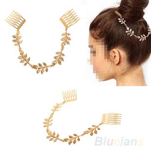 Fashion Unique Gold Tone Leaves Chain Fringe Hair Comb Cuff Head Band-3