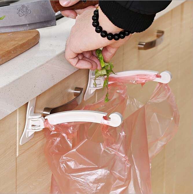 Hanging Kitchen Cupboard Cabinet Door Tailgate Stand Storage Garbage Bags Hooks Rack Home Kitchen Dining (Color: White)