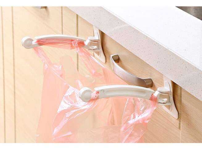 Hanging Kitchen Cupboard Cabinet Door Tailgate Stand Storage Garbage Bags Hooks Rack Home Kitchen Dining (Color: White)-1